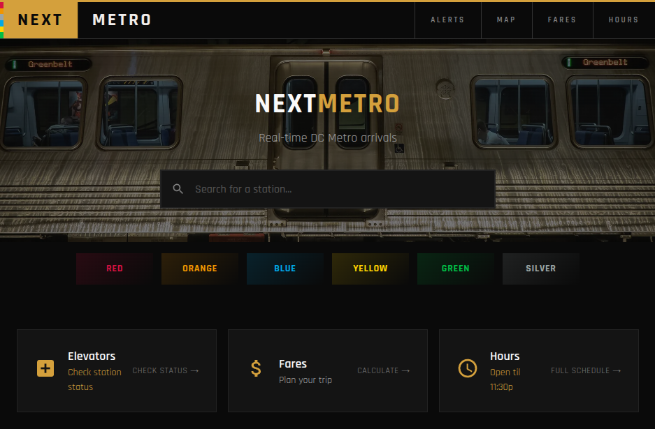 Next Metro transit web app showing Washington DC Metro arrivals