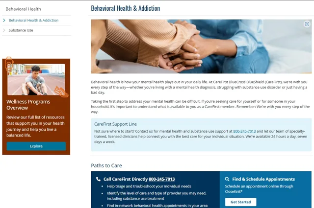 CareFirst Behavioral Health and Addiction landing page