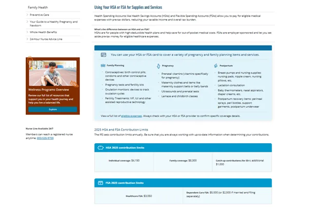 CareFirst HSA and FSA eligible expenses page with contribution limit tables