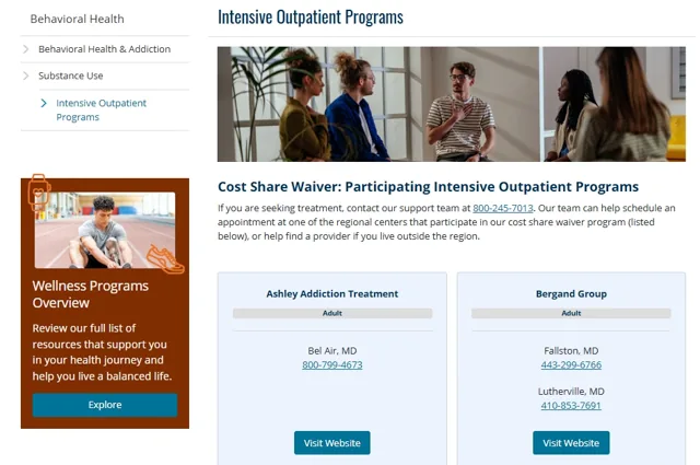 CareFirst Intensive Outpatient Programs page listing participating provider centers