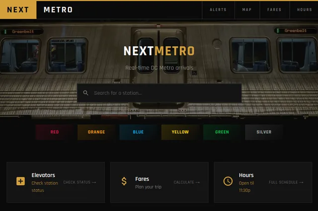Next Metro web app showing live DC Metro arrival times