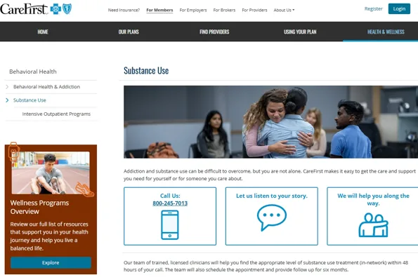 CareFirst Substance Use resource page with support contact options